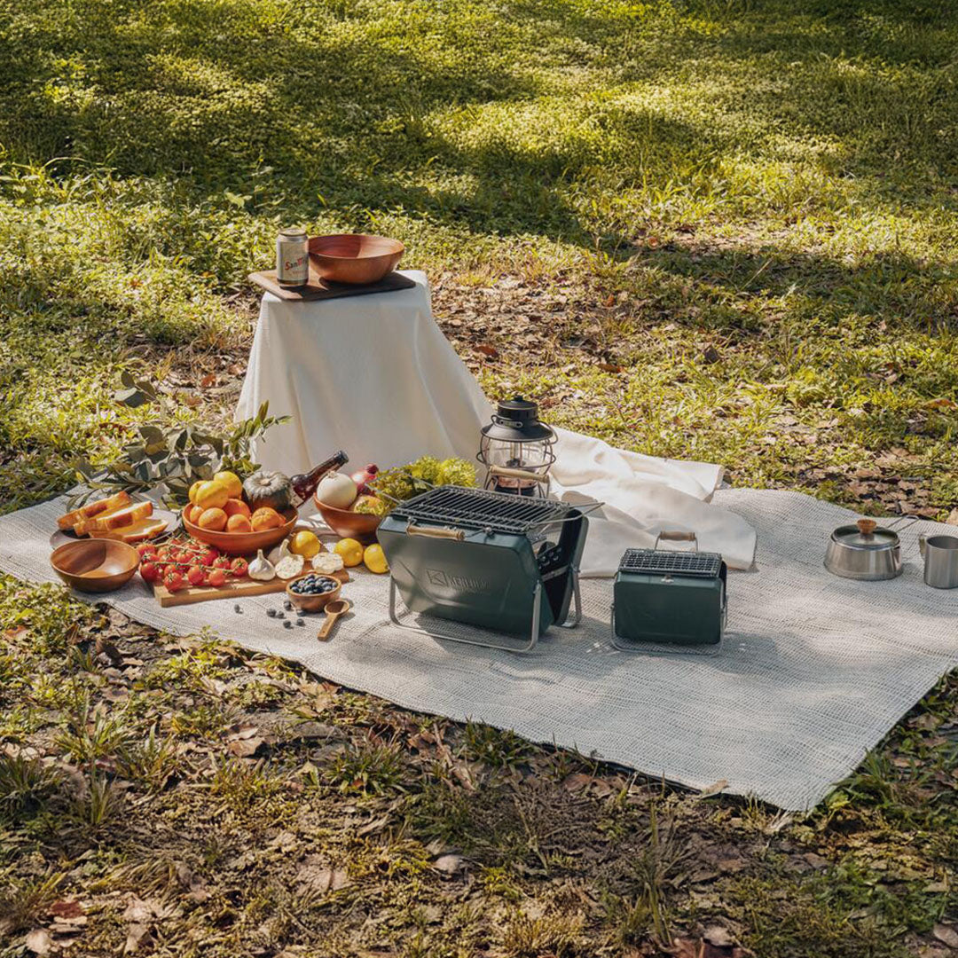 Picnic spread featuring the Kenluck Mini Grill for delicious outdoor BBQ fun