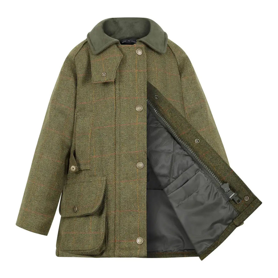 Olive green kids tweed shooting jacket with pockets and gray lining, stylish and functional