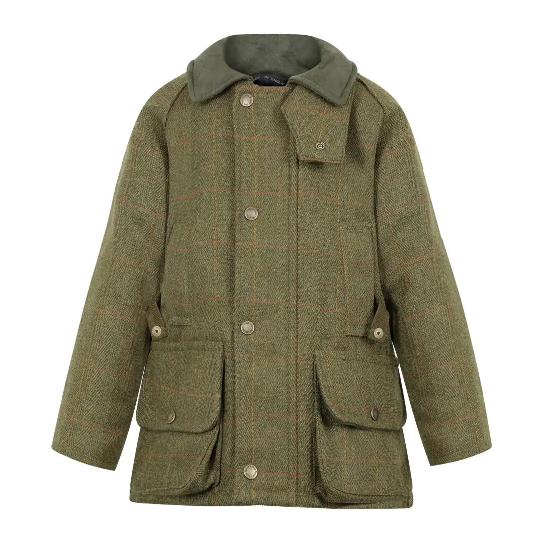 Kids Tweed Shooting Jacket in green tweed with pockets and collar for outdoor adventures