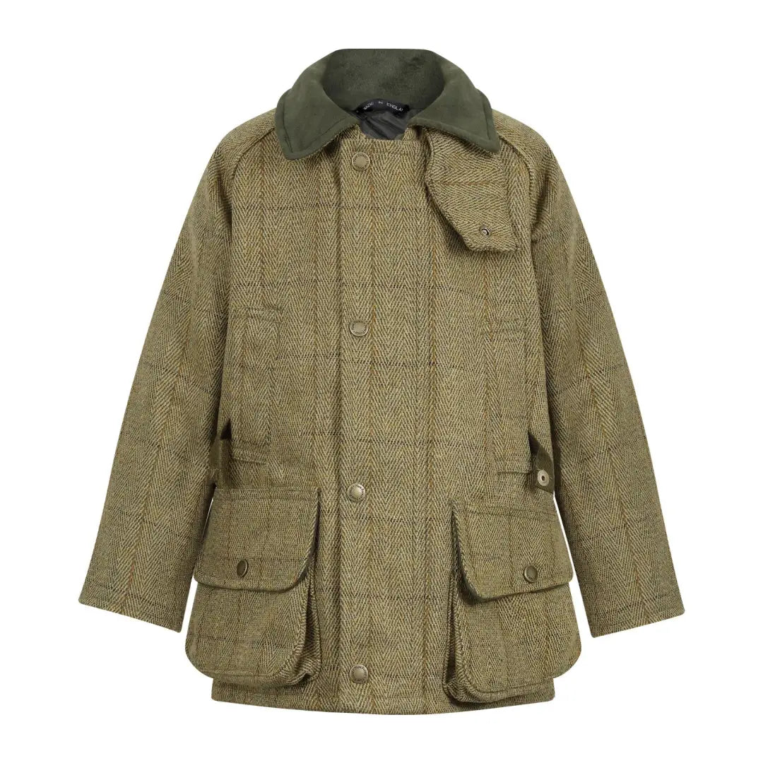 Kids Tweed Shooting Jacket in olive green with corduroy collar and pockets