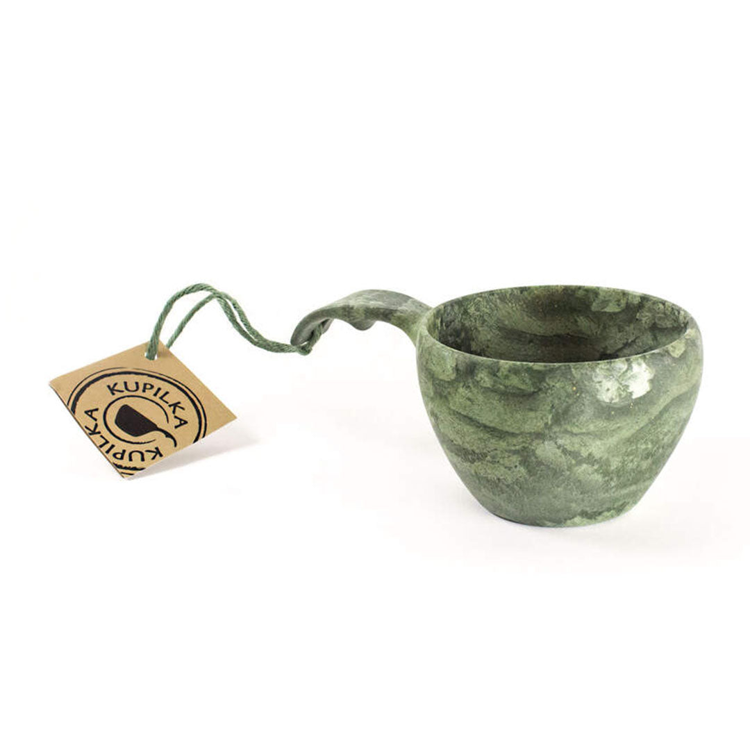 Green marbled Kuksa cup tagged, perfect for country clothing lovers outdoors or hunting