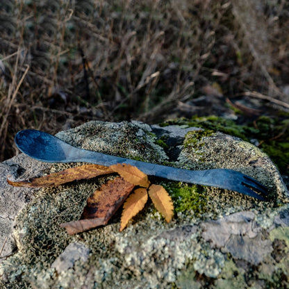 Blue metal spork from Kupilka perfect for camping, hunting, and outdoor adventures