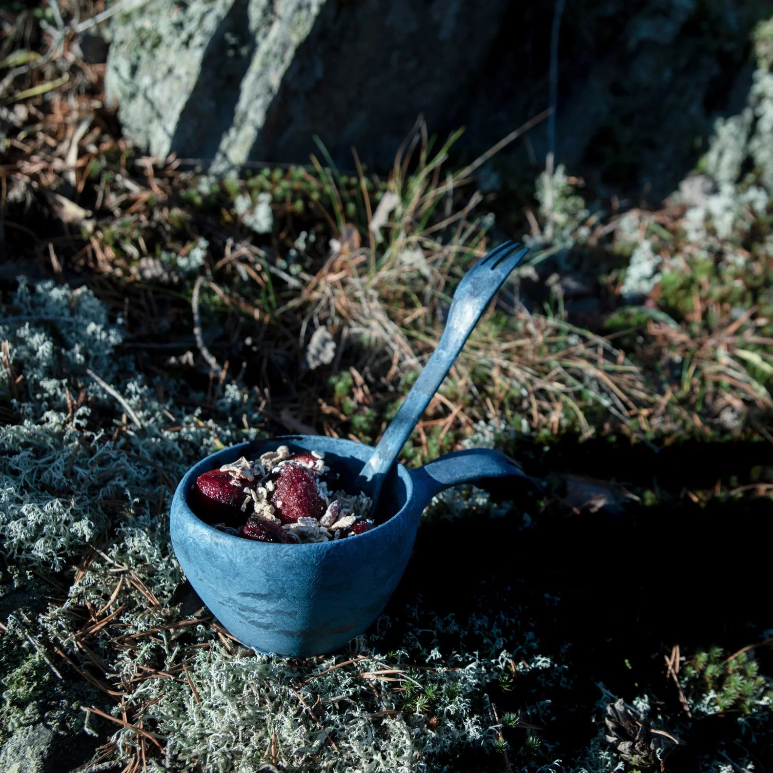 Blue bowl with a spork and food, perfect for country clothing lovers enjoying the outdoors