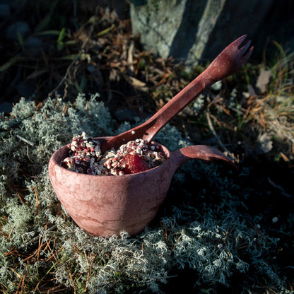 Brown wooden bowl with spoon-fork, perfect for Country Clothing lovers and Outdoors lovers