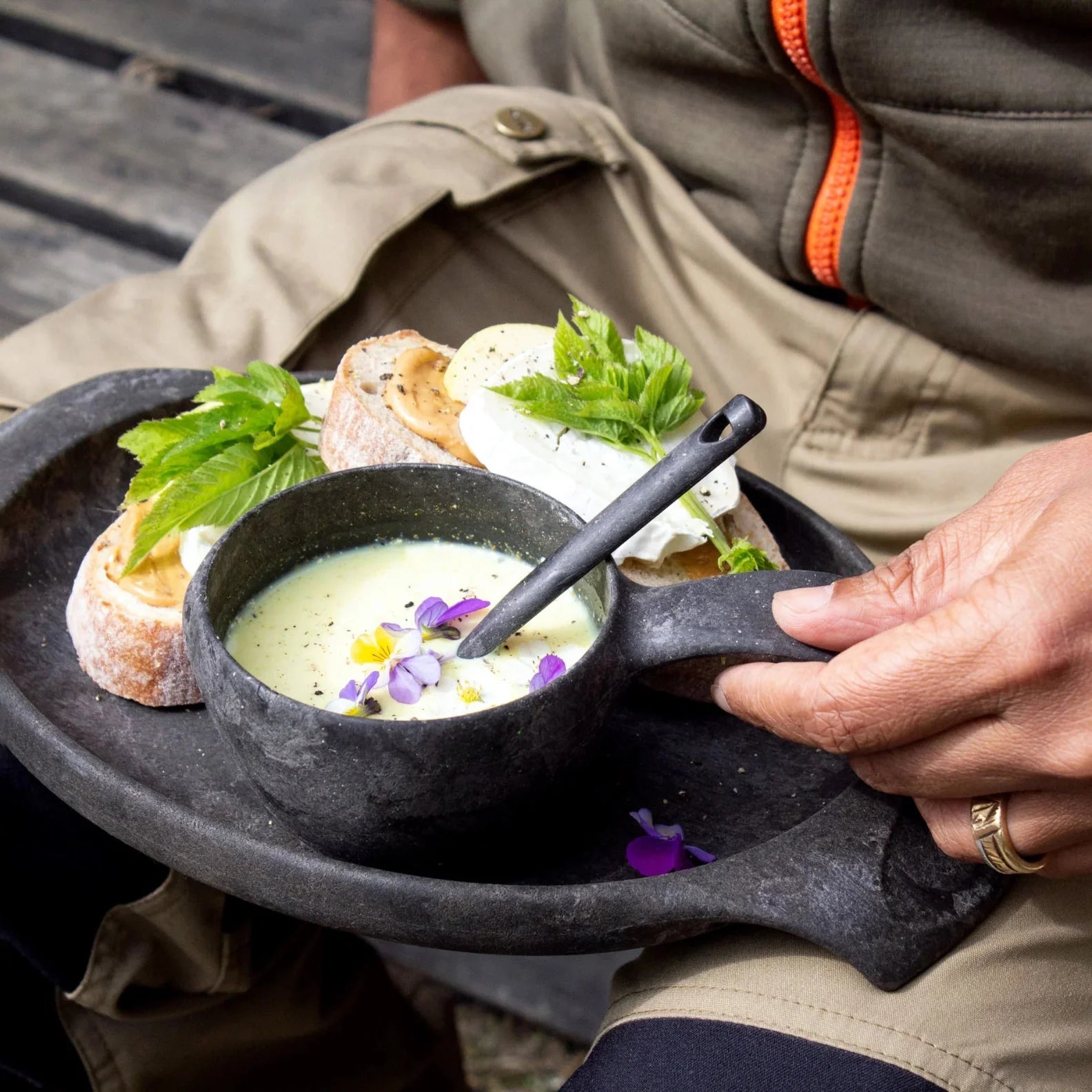 Rustic soup and sandwiches on a tray from the Kupilka Premium Gift Set