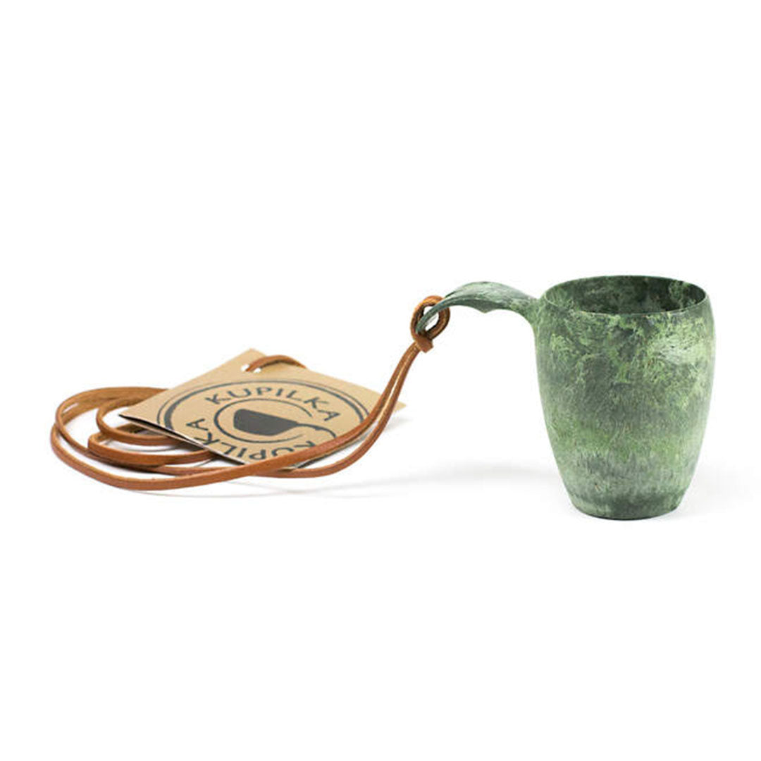 Green Kupilka Shot Cup with leather strap, perfect for country clothing and hunting trips