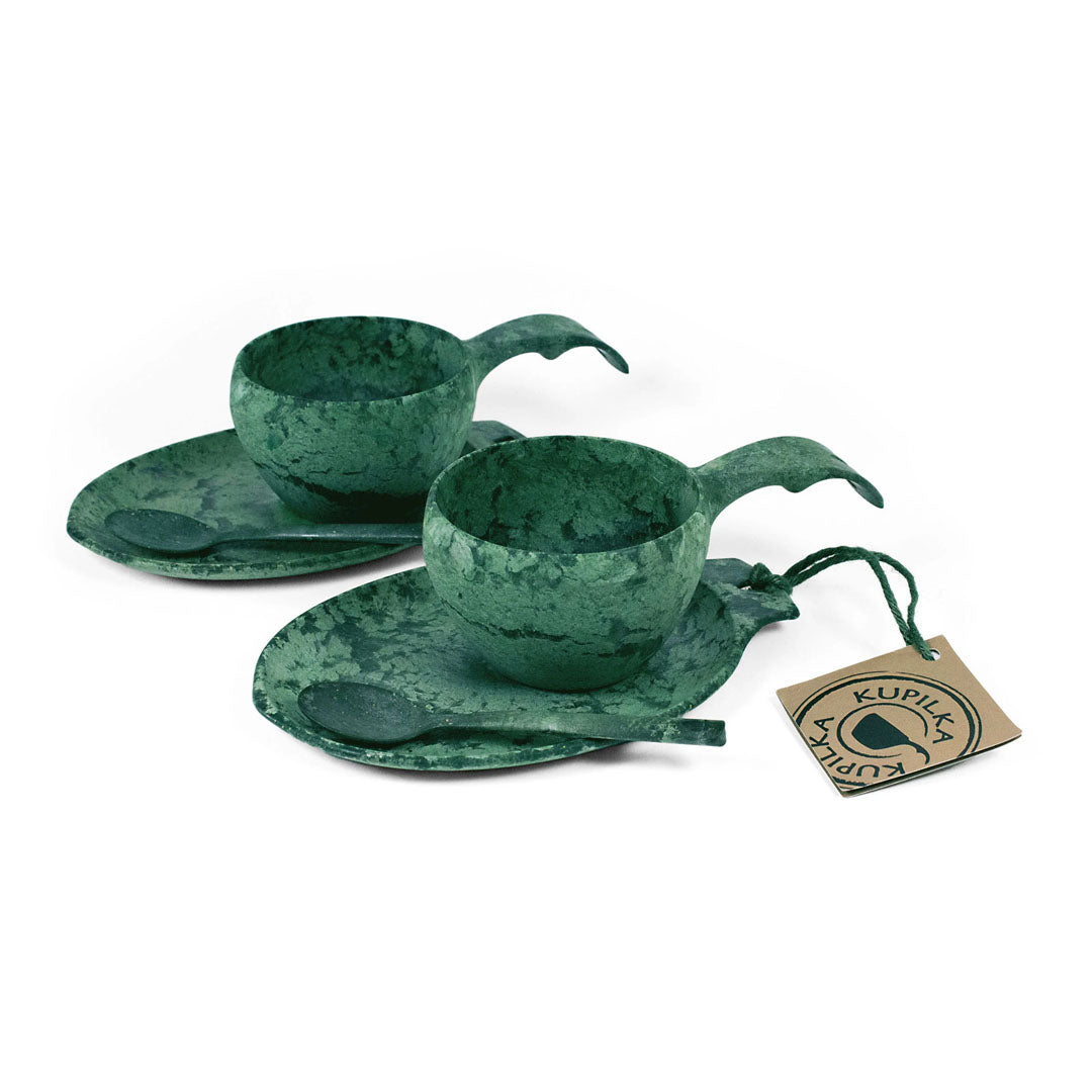 Two green Kupilka Slow Down Gift Set cup and saucer sets with spoons, 3-piece set