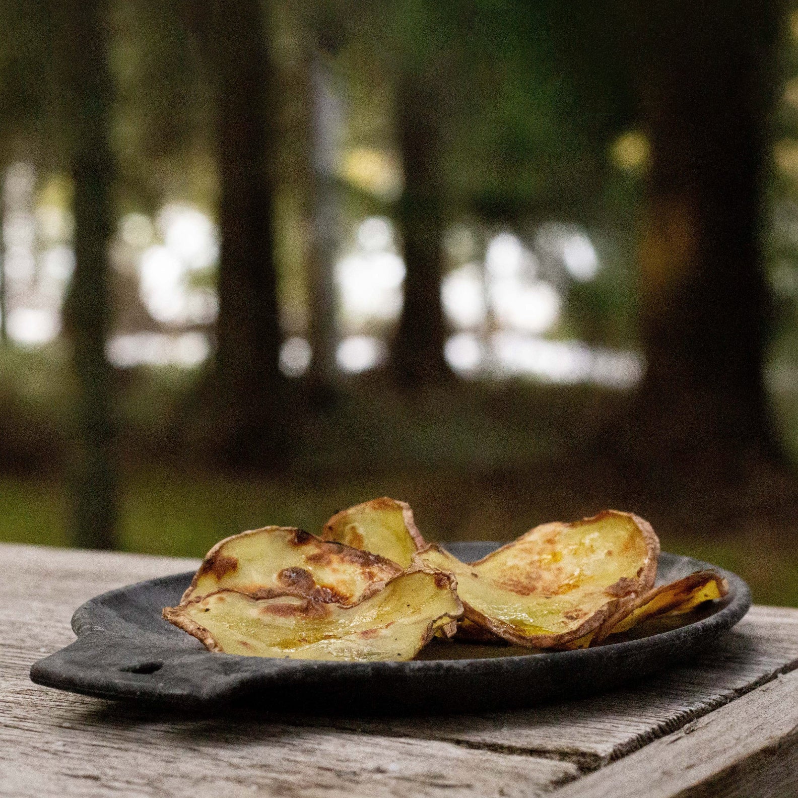 Crispy potato chips on a dark Kupilka Small Plate, perfect for outdoors and hunting snacks