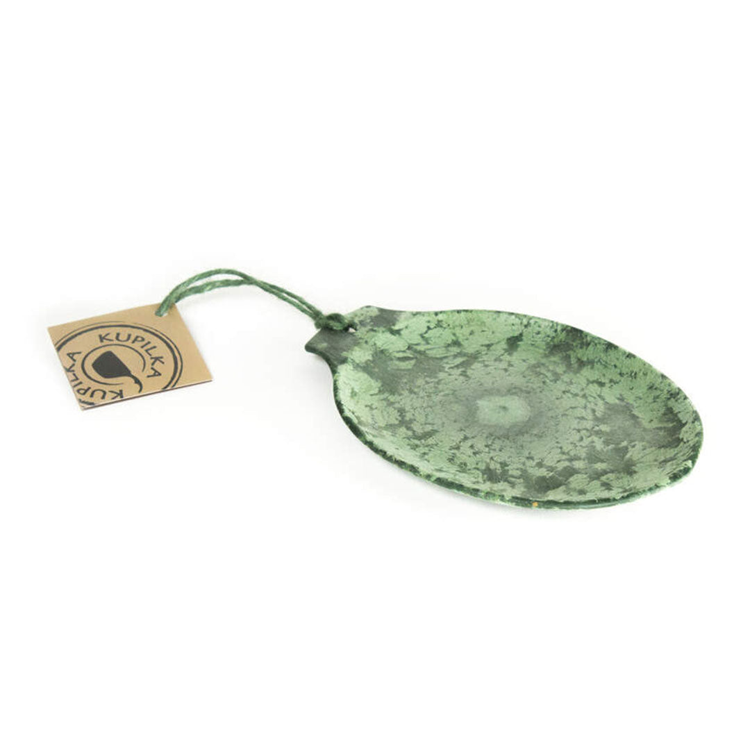 Green oval serving dish with tag, perfect for country clothing lovers and outdoor adventures