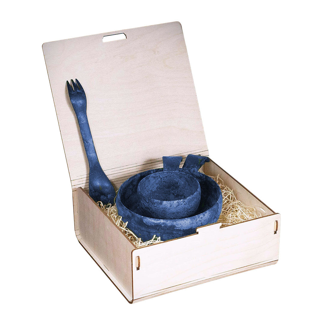 Blue salad bowl in a wooden box from the Kupilka Small Premium Gift Set