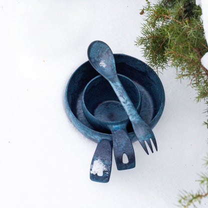 Patinated blue metal cookware set from Kupilka Small Premium Gift Set for cooking lovers