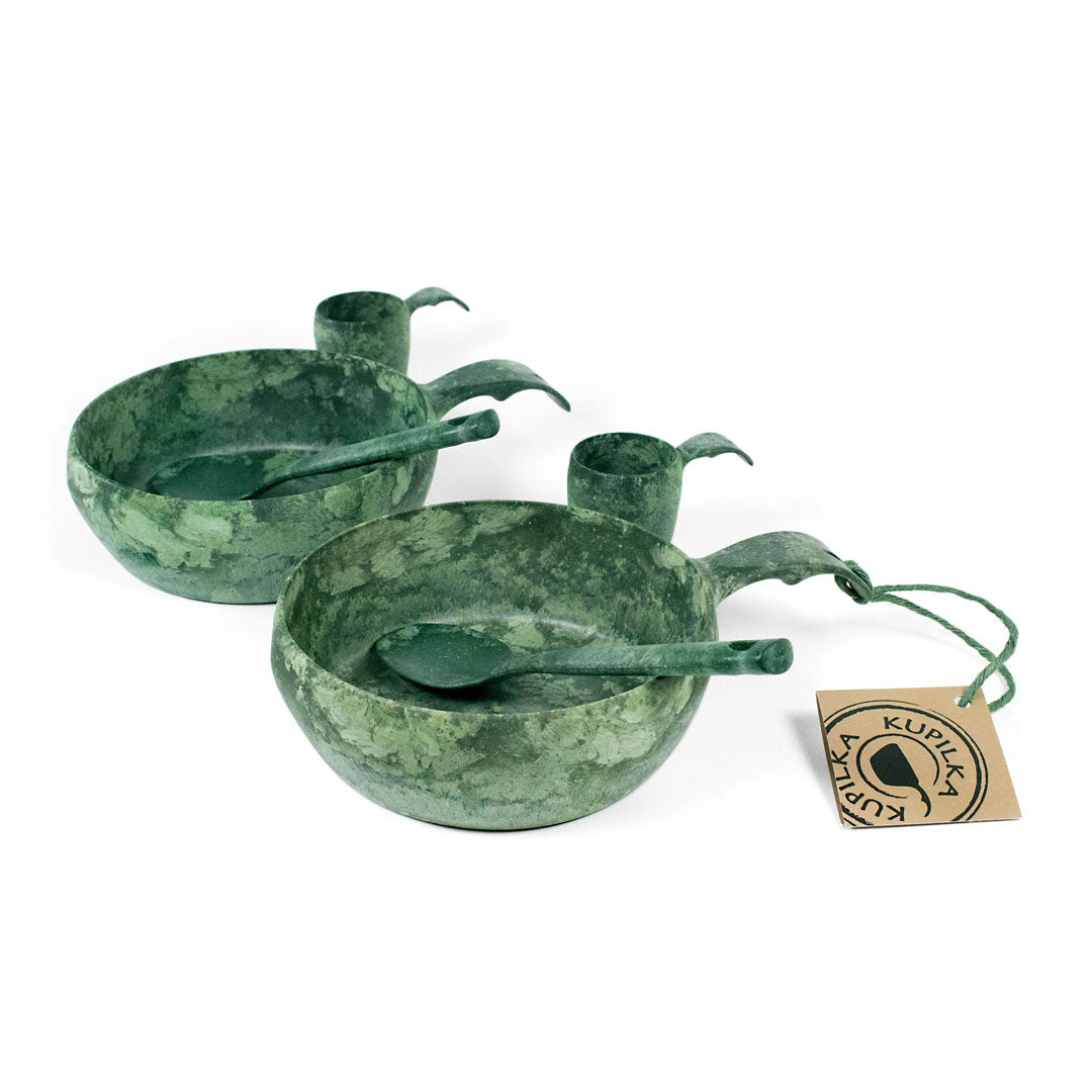 Green speckled outdoor dining set from Kupilka Start perfect for enjoying favourite liqueur