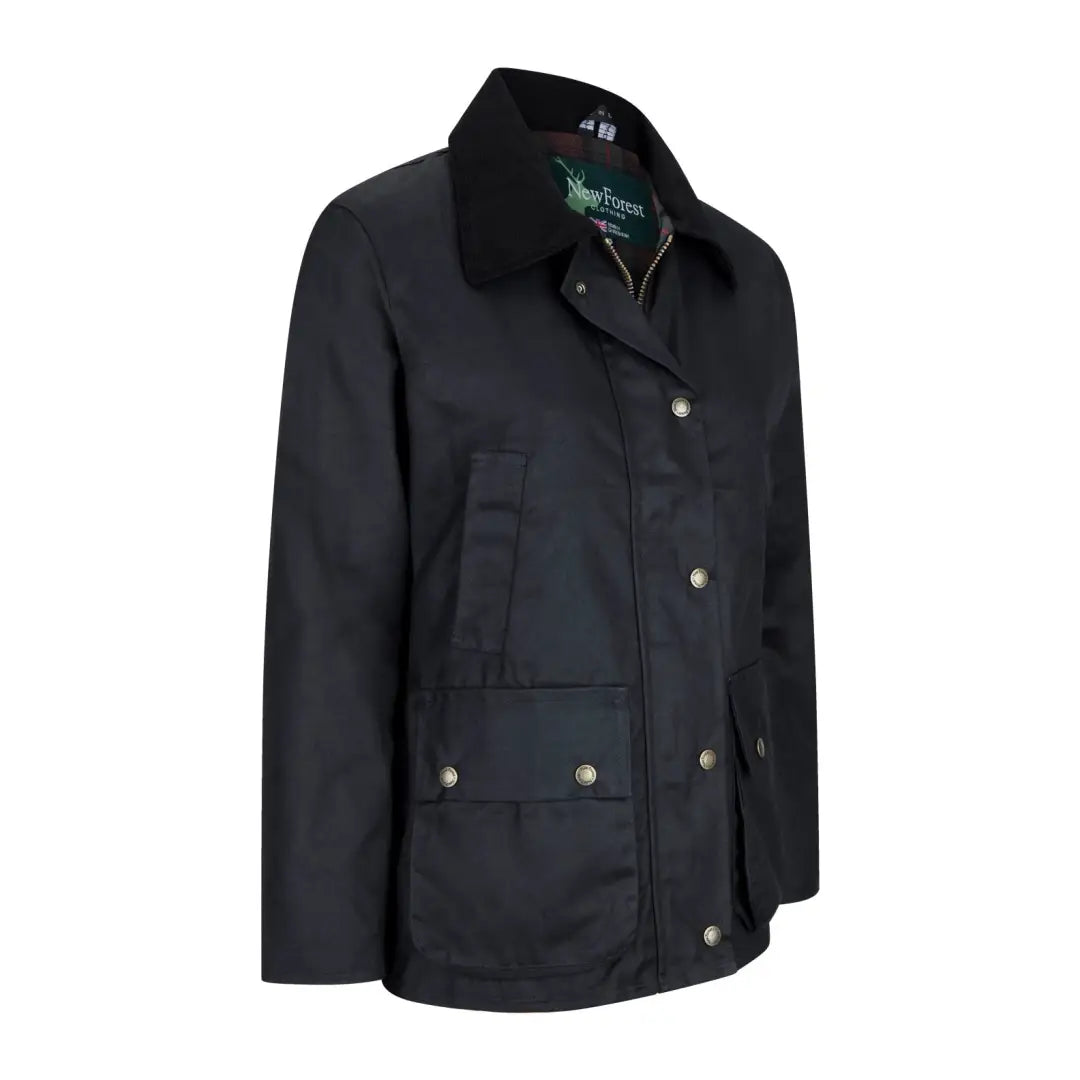 Stylish Black Wax Jacket with Corduroy Collar and Brass Snap Buttons for Ladies