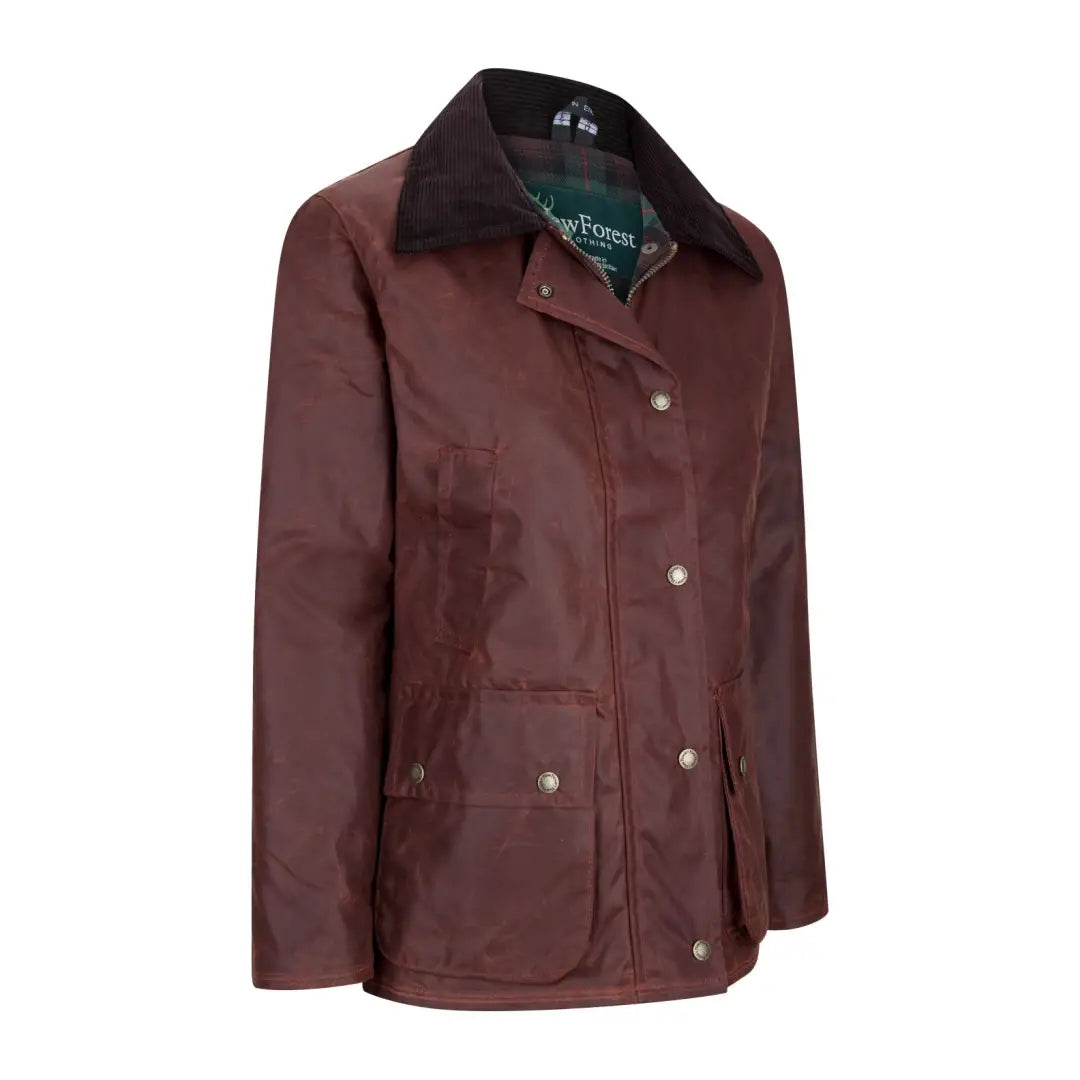 Burgundy Antique Wax Jacket featuring a dark collar and brass snap buttons