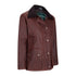 Burgundy Antique Wax Jacket featuring a dark collar and brass snap buttons