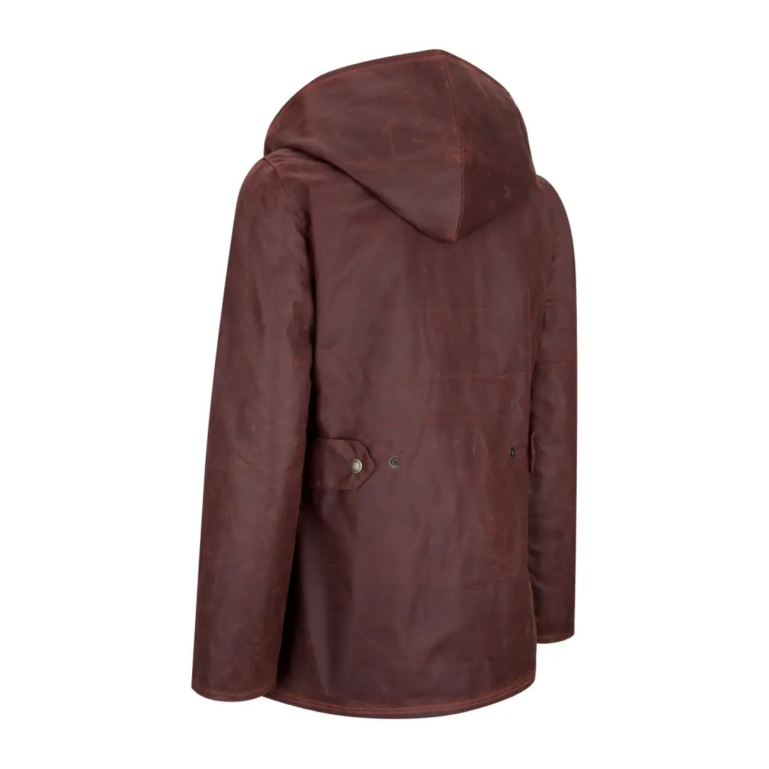 Brown hooded Antique Wax Jacket featuring a side pocket for stylish functionality