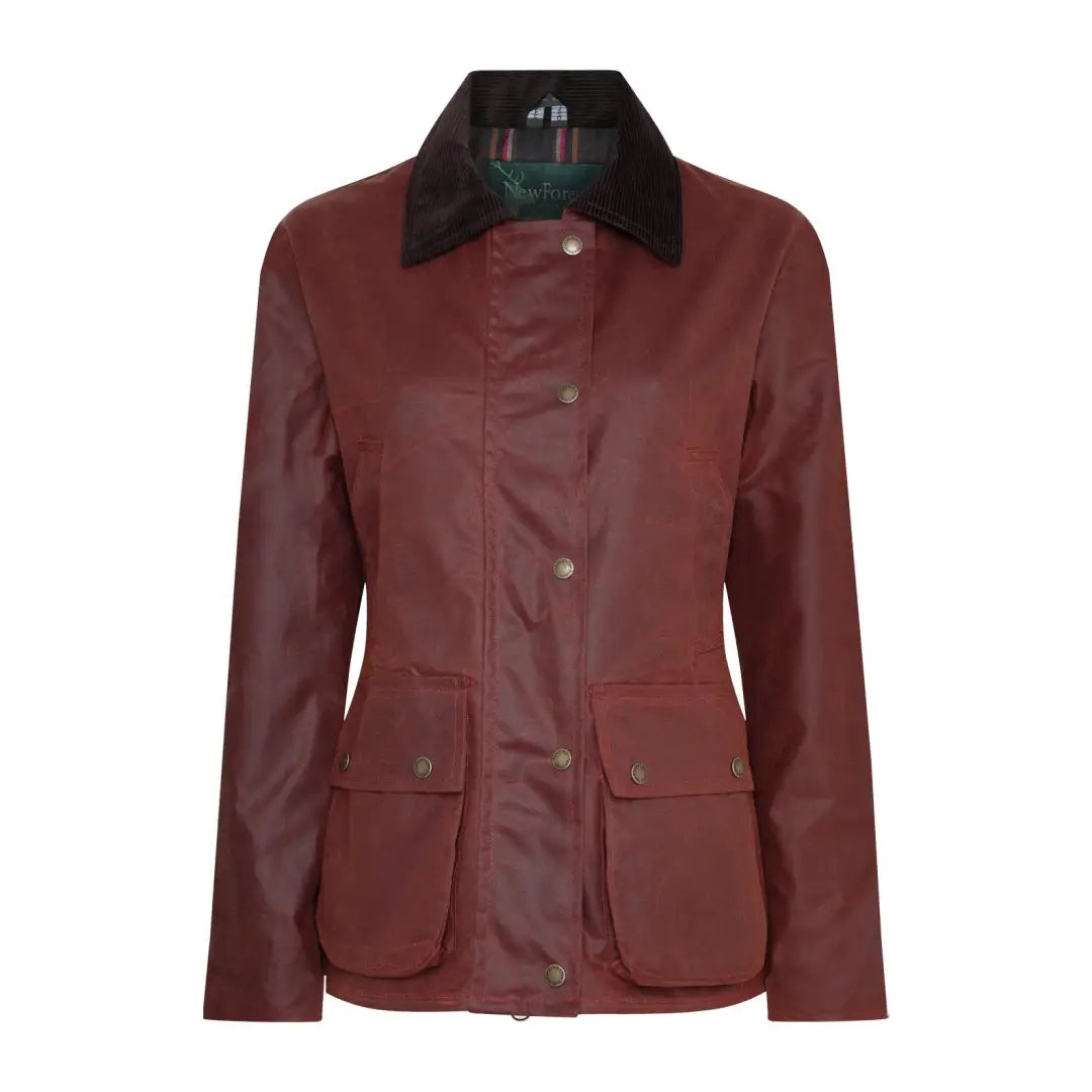 Burgundy antique wax jacket with dark collar and snap button closures