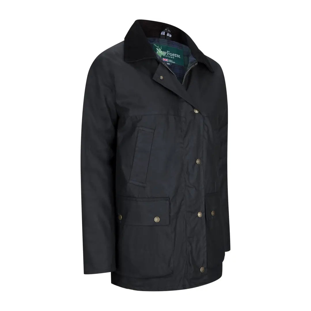 Black padded wax jacket with corduroy collar and pockets for stylish warmth