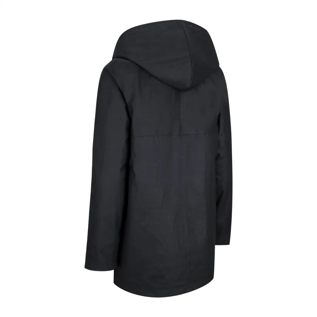 Black hooded padded wax jacket with a sleek, minimalist design for stylish rain protection