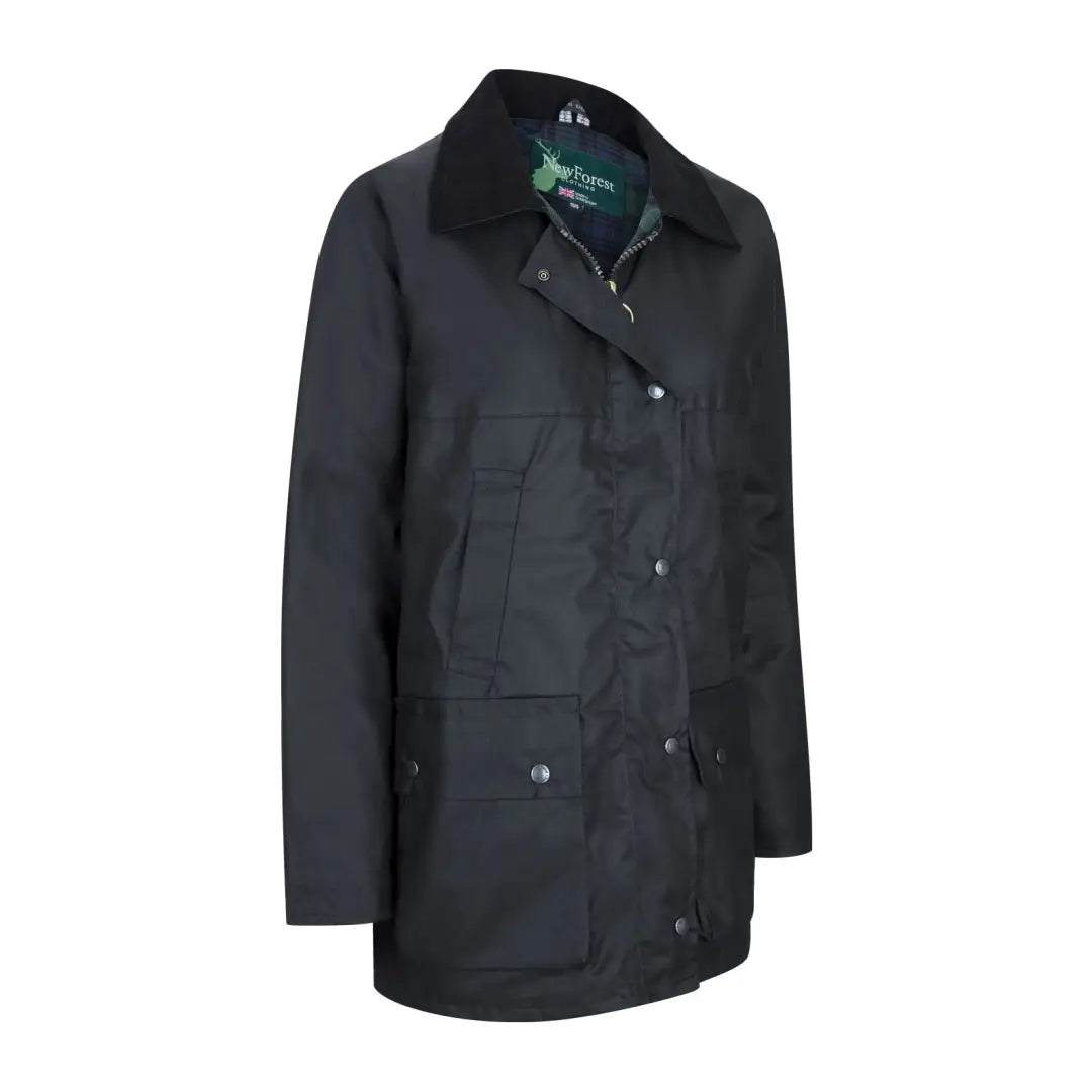 Black waxed cotton Ladies Traditional Wax Jacket with corduroy collar and snap closures