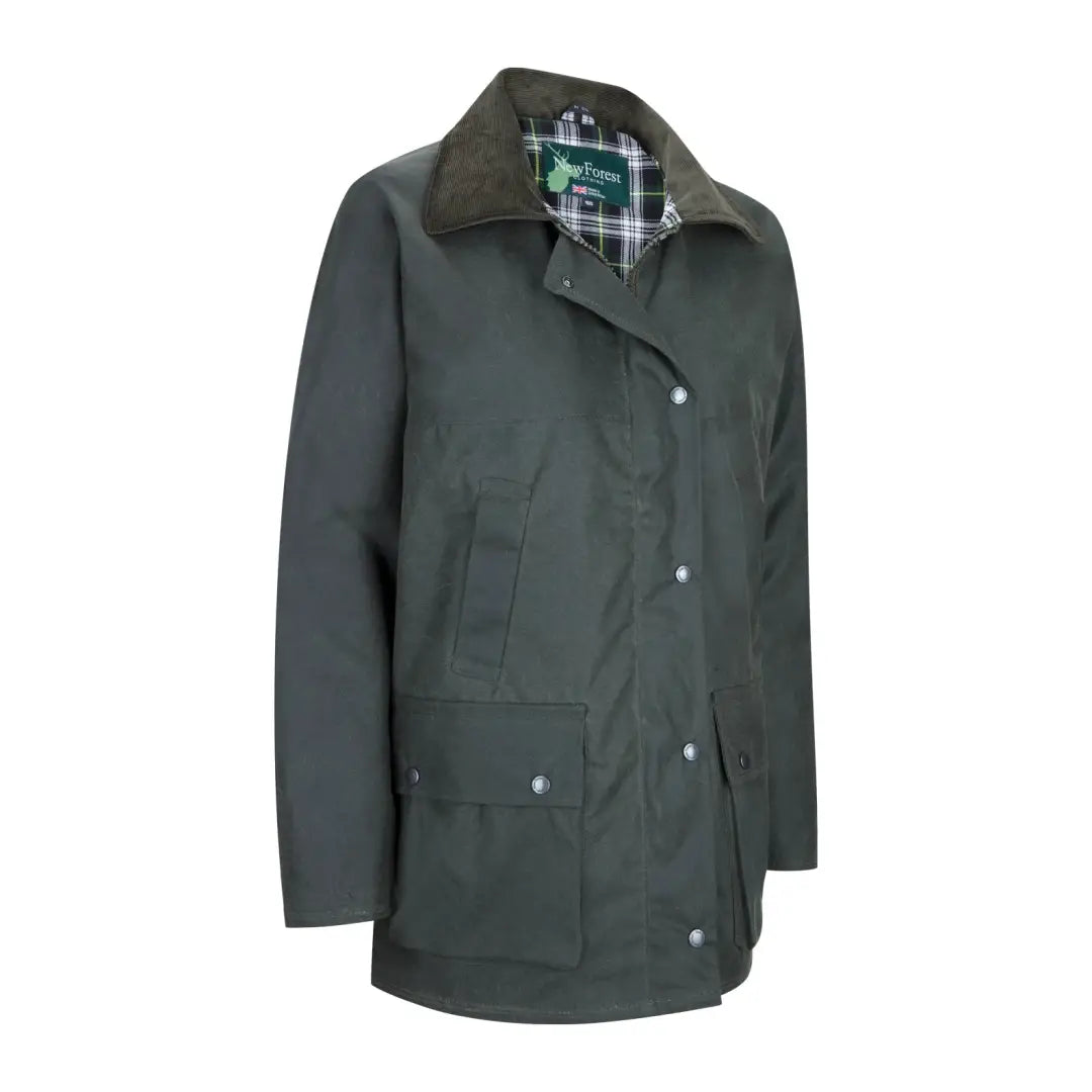 Dark green wax jacket with corduroy collar and snaps for a classic, stylish look