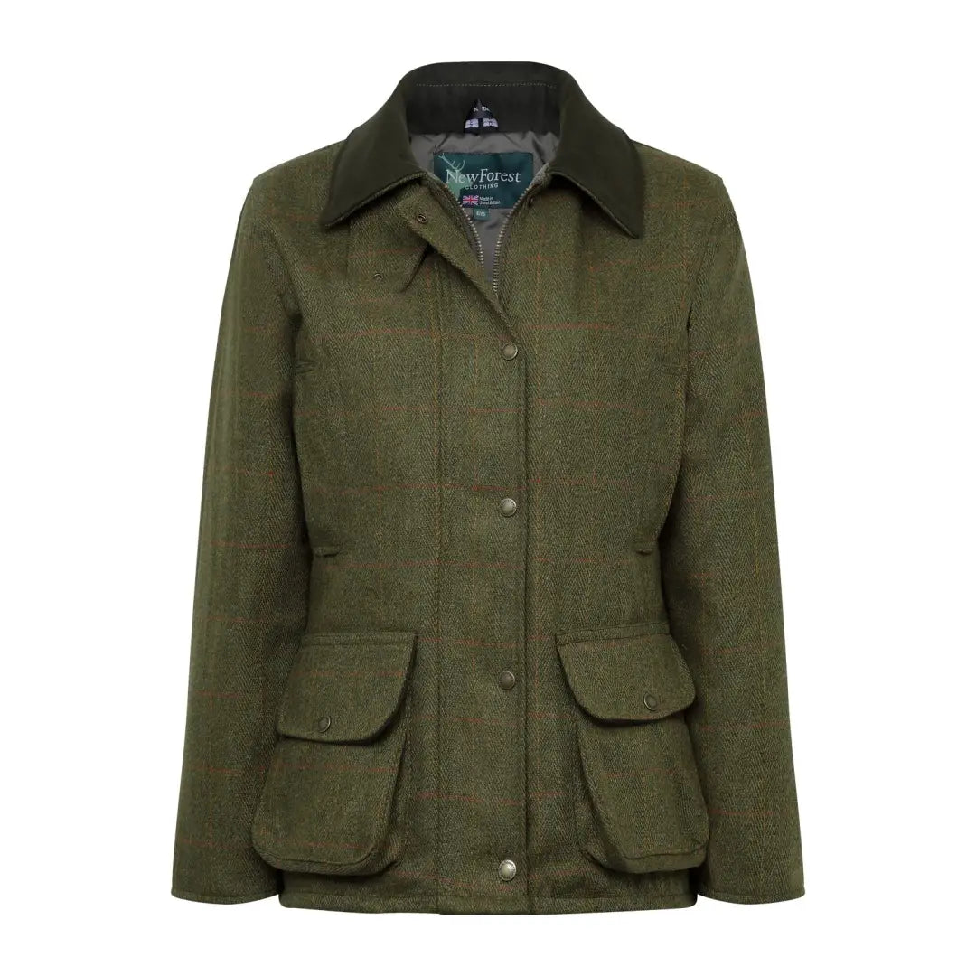 Olive green ladies tweed jacket with collar and large front pockets styled casually