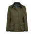 Olive green ladies tweed jacket with collar and large front pockets styled casually