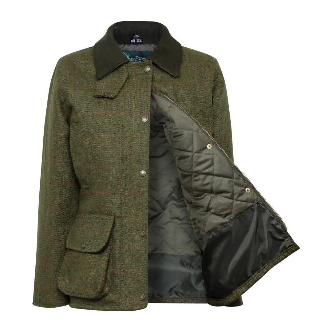 Green waxed cotton ladies tweed jacket with corduroy collar and quilted lining