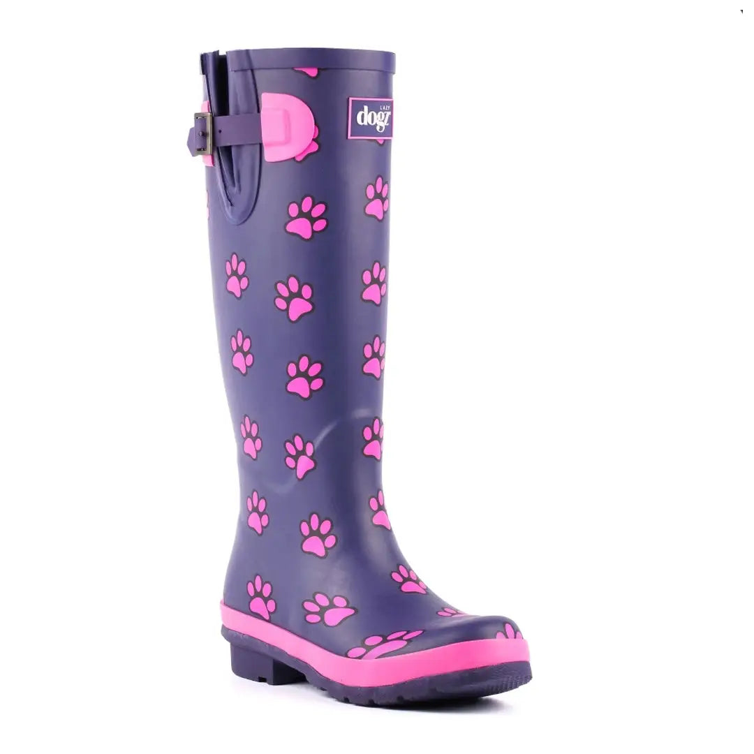 Purple Lazy Dogz Cookie Wellingtons featuring a cute pink paw print pattern