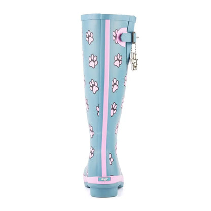 Light blue Lazy Dogz Cookie Wellingtons with pink paw print pattern and trim