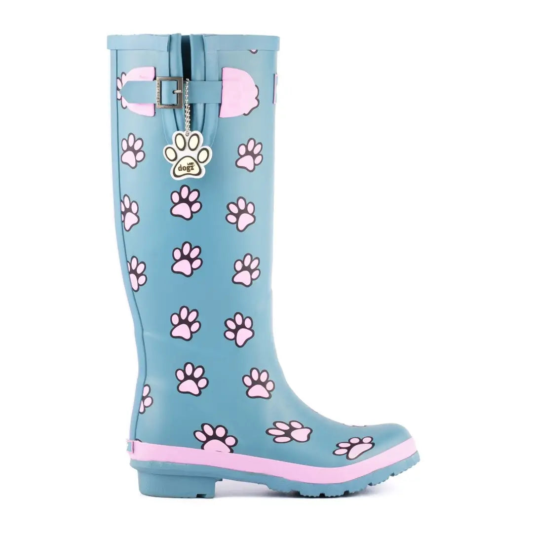 Light blue Lazy Dogz Cookie Wellingtons with pink paw print pattern and trim