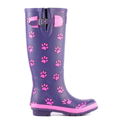 Purple Lazy Dogz Cookie Wellingtons with a cute pink paw print design