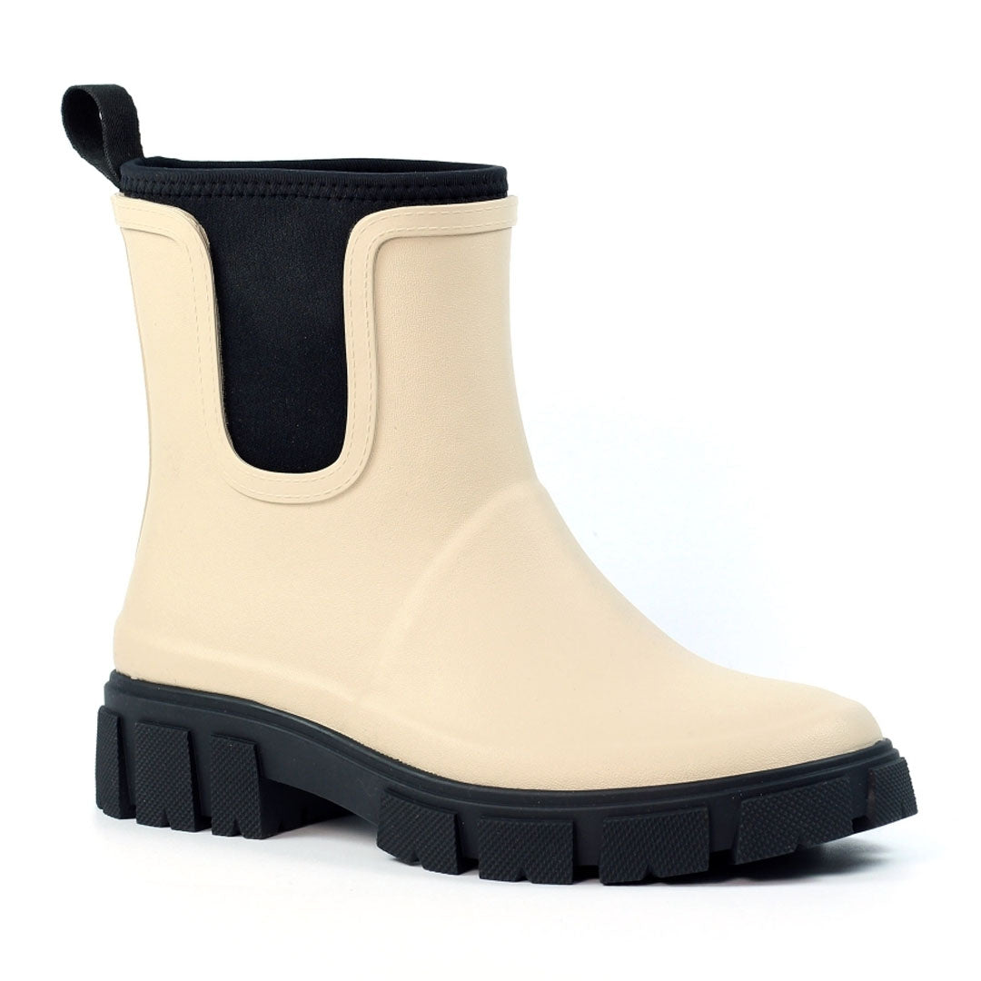 Beige Lazy Dogz Lake Ankle Wellington rain boot with black sole for stylish protection