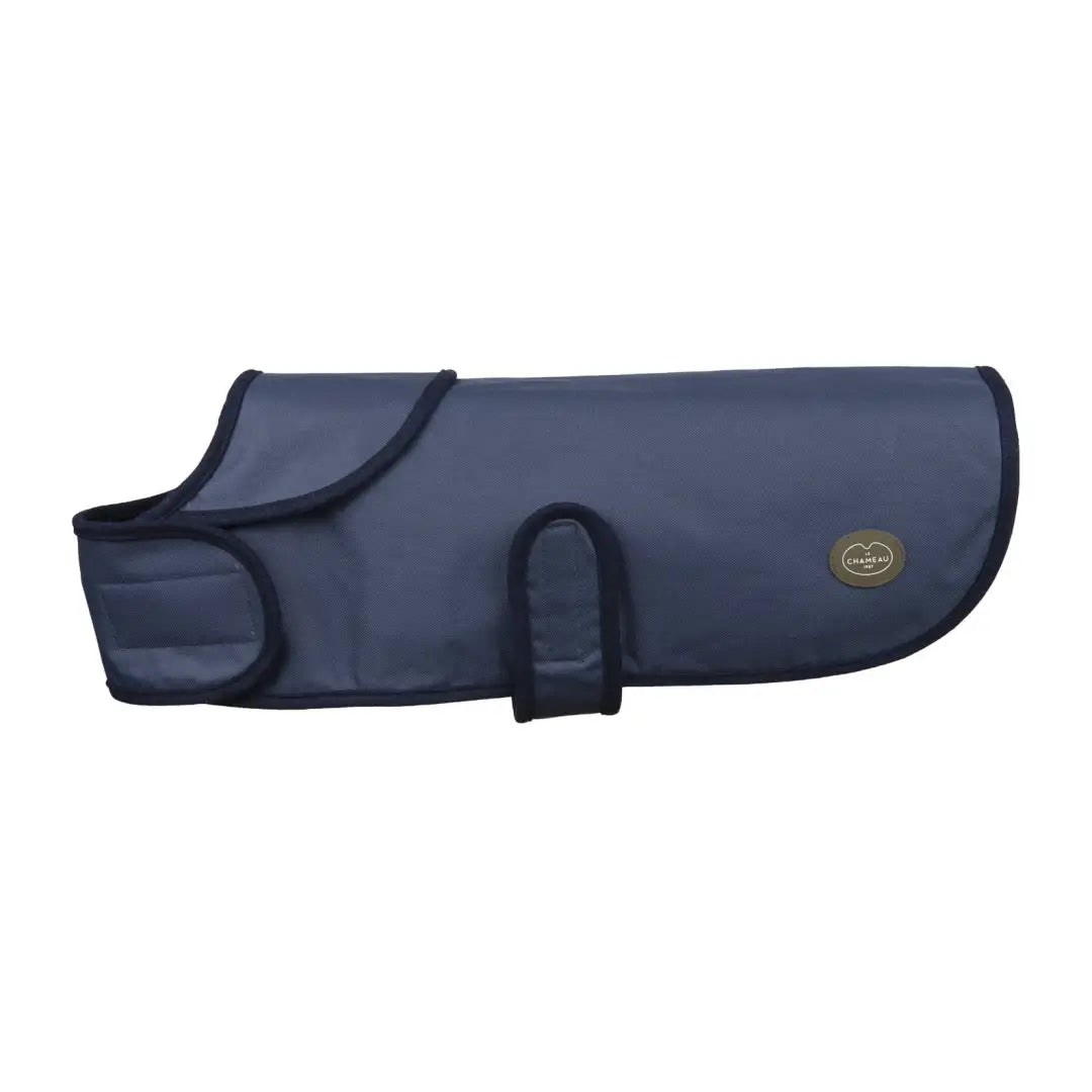 Navy blue Chameau dog coat with black trim and gold logo for stylish pups