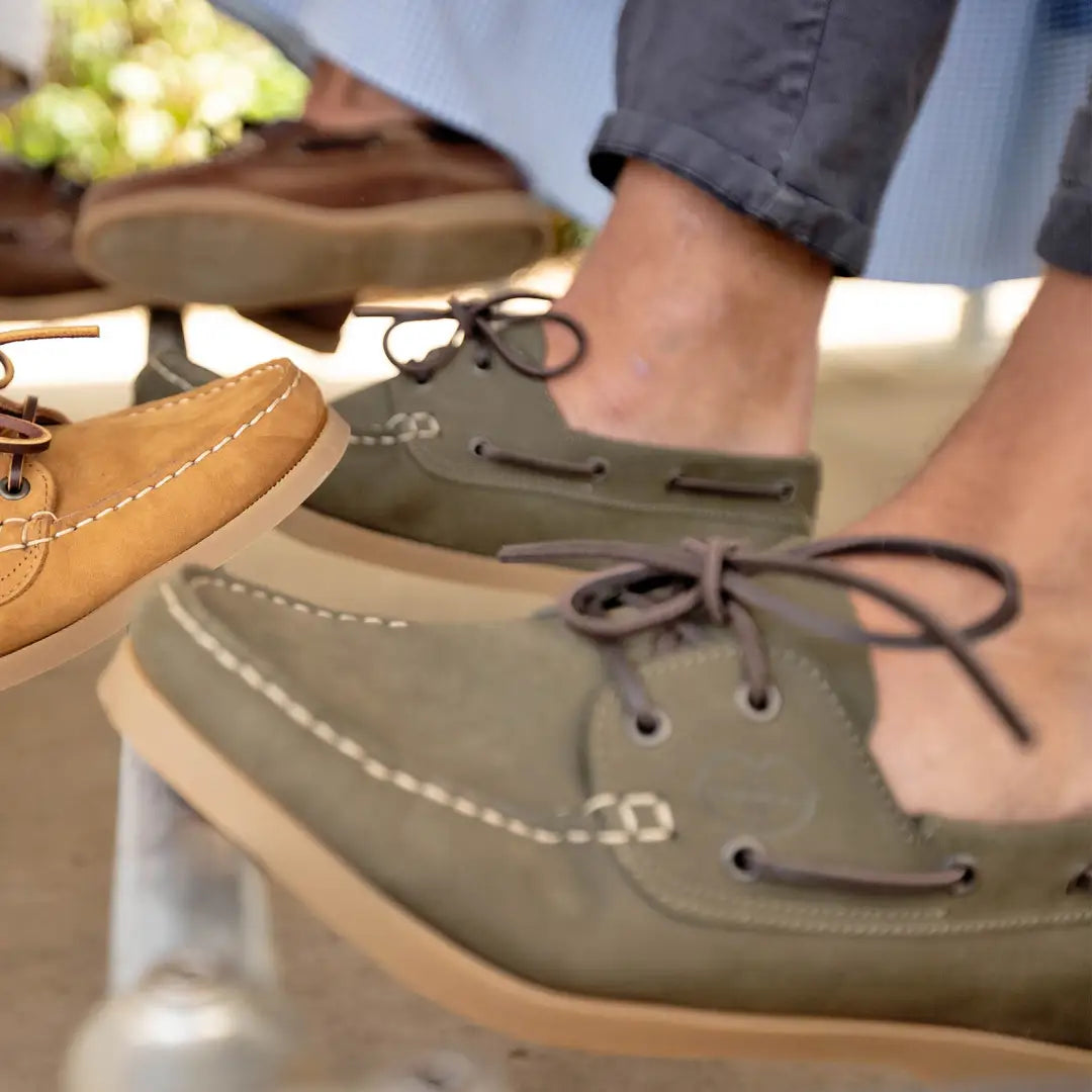 Tan and olive green Le Chameau Galion Nubuck Mens Deck Shoes for stylish boating