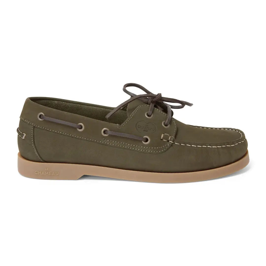 Olive green Le Chameau Galion Nubuck mens deck shoes with brown laces and tan sole