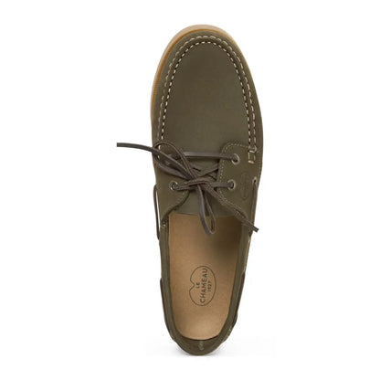 Olive green suede Chameau Galion Nubuck mens deck shoes with stitching and laces