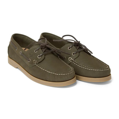 Olive green Le Chameau Galion Nubuck mens deck shoes with tan soles and laces