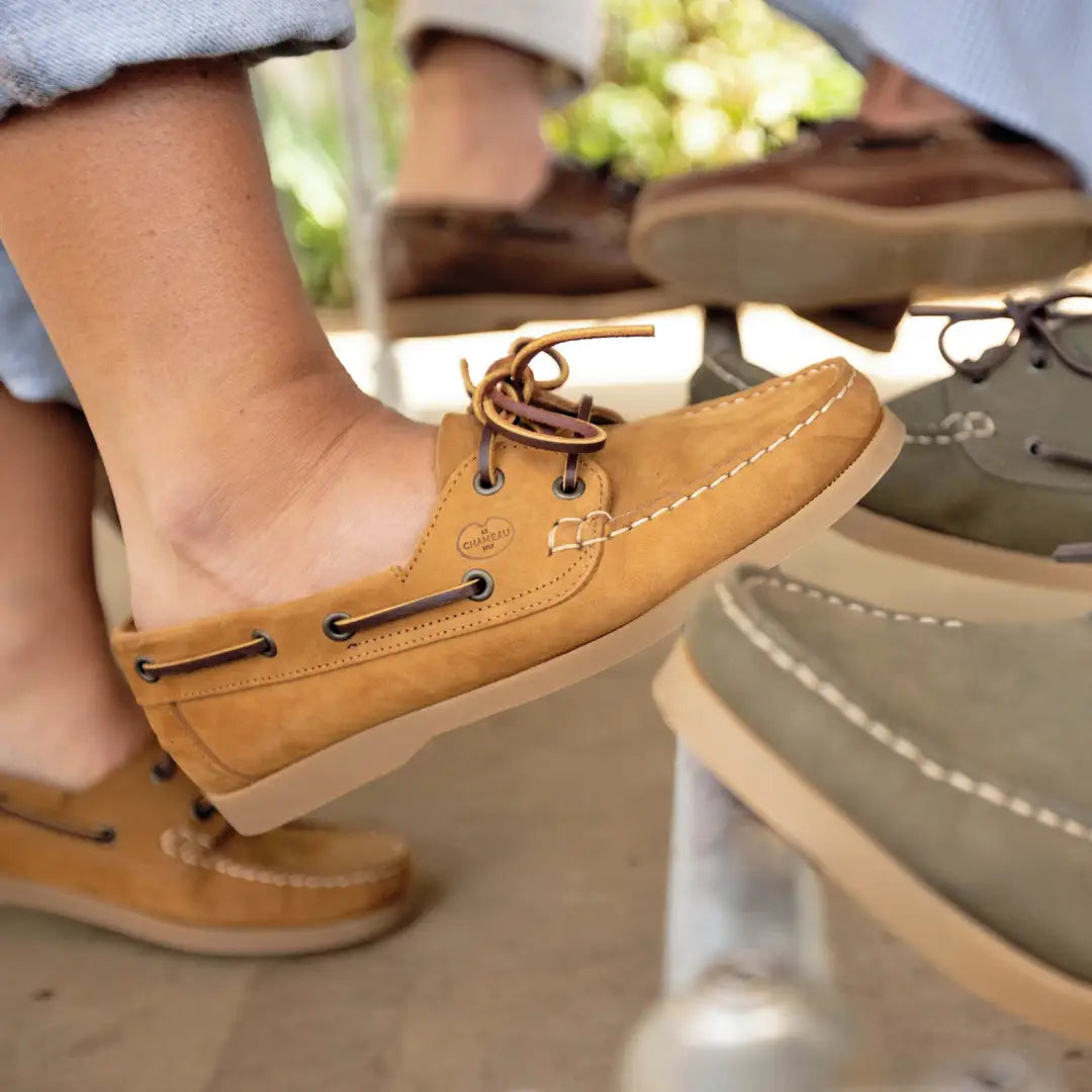 Tan leather Galion Nubuck deck shoes with blue laces and white sole for style