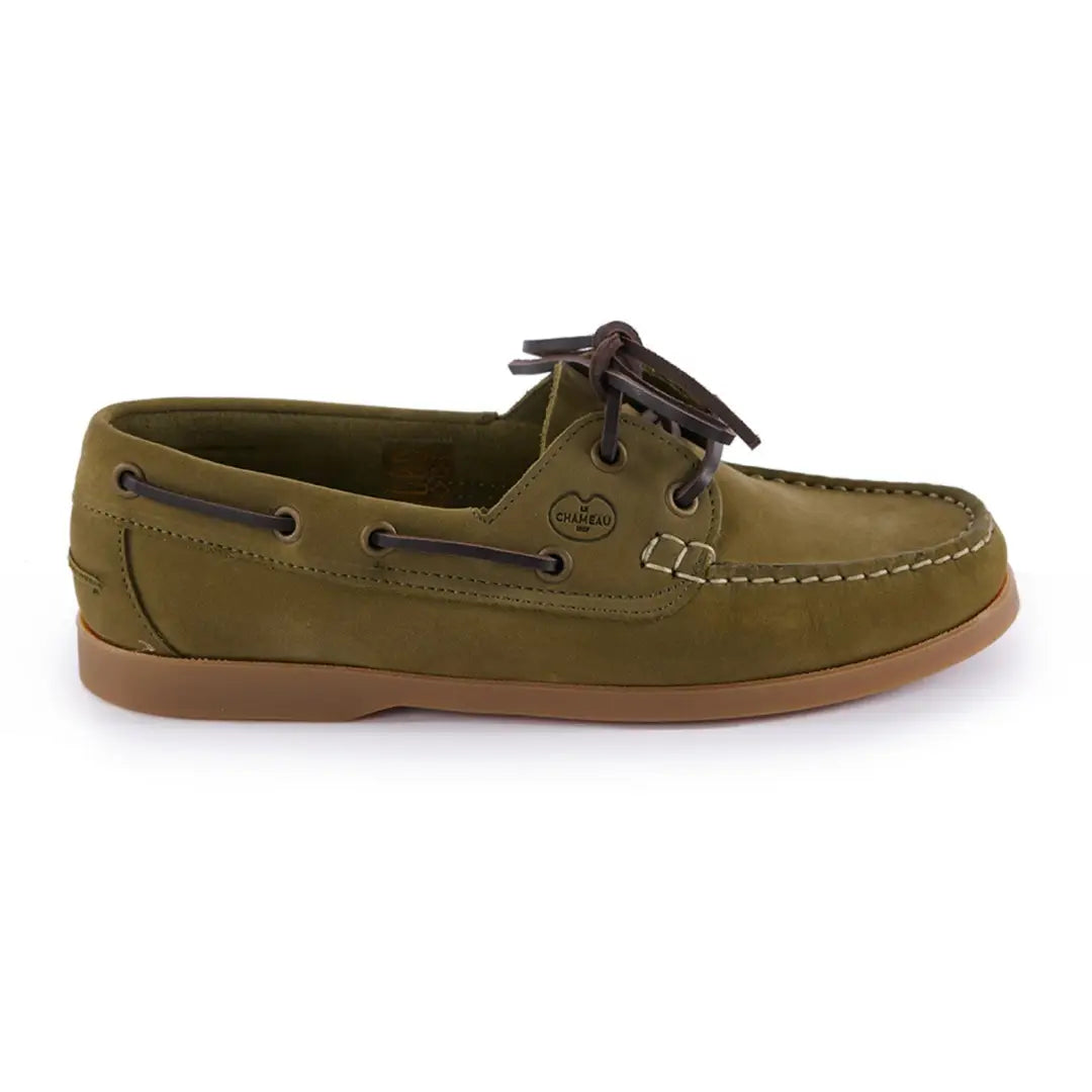 Olive green Galion Nubuck women’s deck shoes with brown laces and gum sole