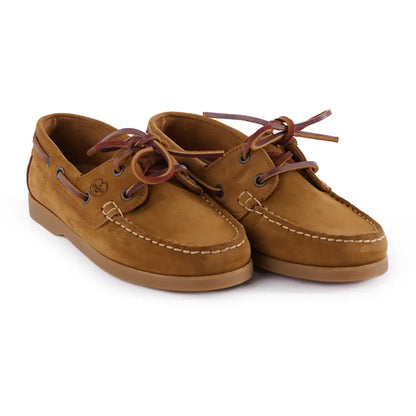 Pair of tan leather Le Chameau Galion Nubuck deck shoes with brown laces