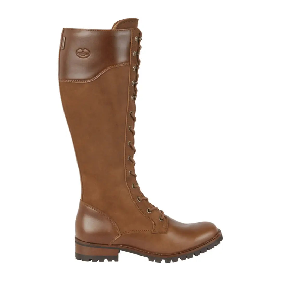 Tall brown leather riding boot with laces for a fully waterproof experience