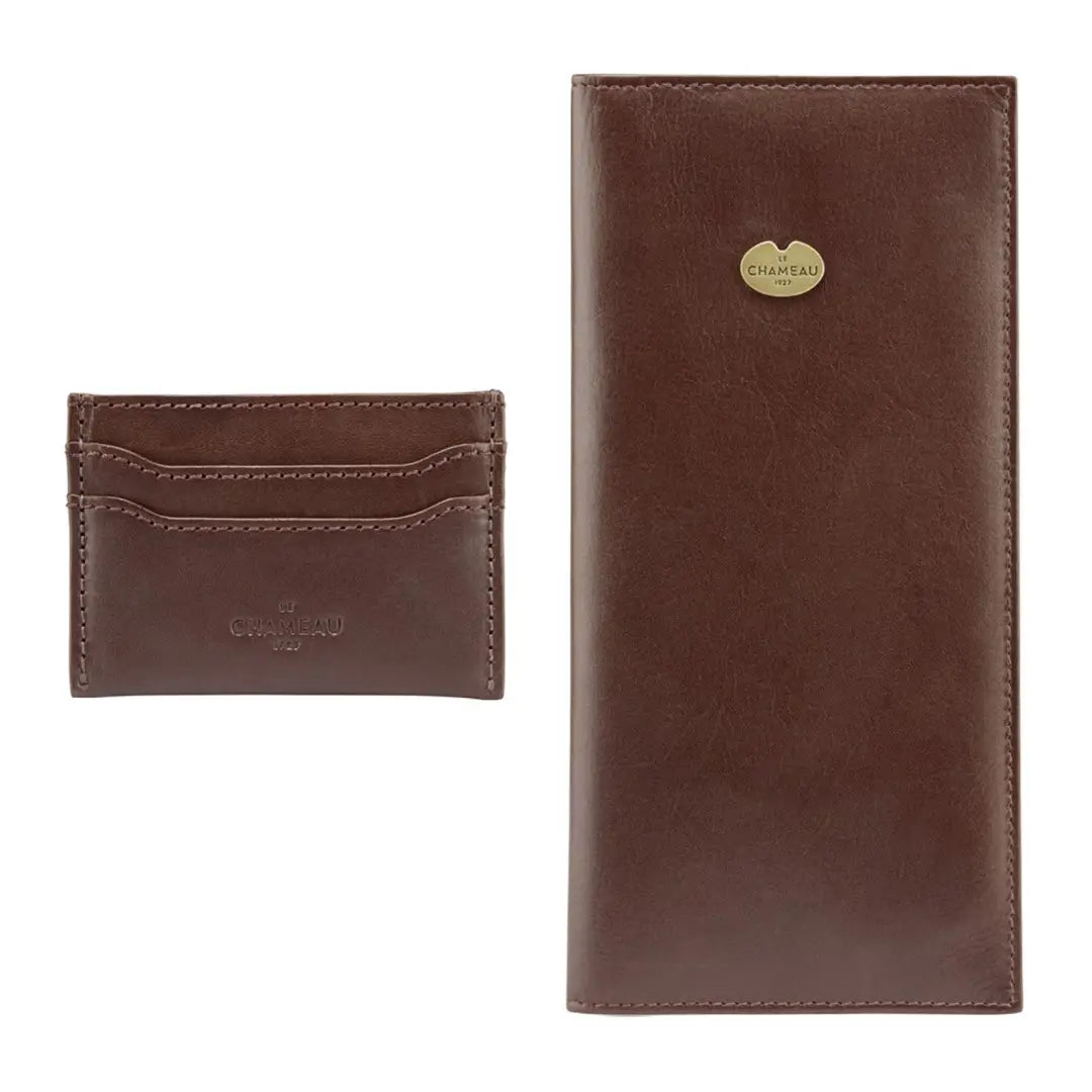 Brown leather wallet and card wallet gift set by Le Chameau with gold emblem