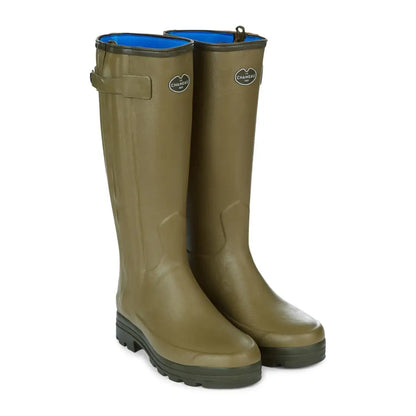 Olive green Le Chameau Men’s Chasseur Neoprene Lined Wellington Boots with blue lining