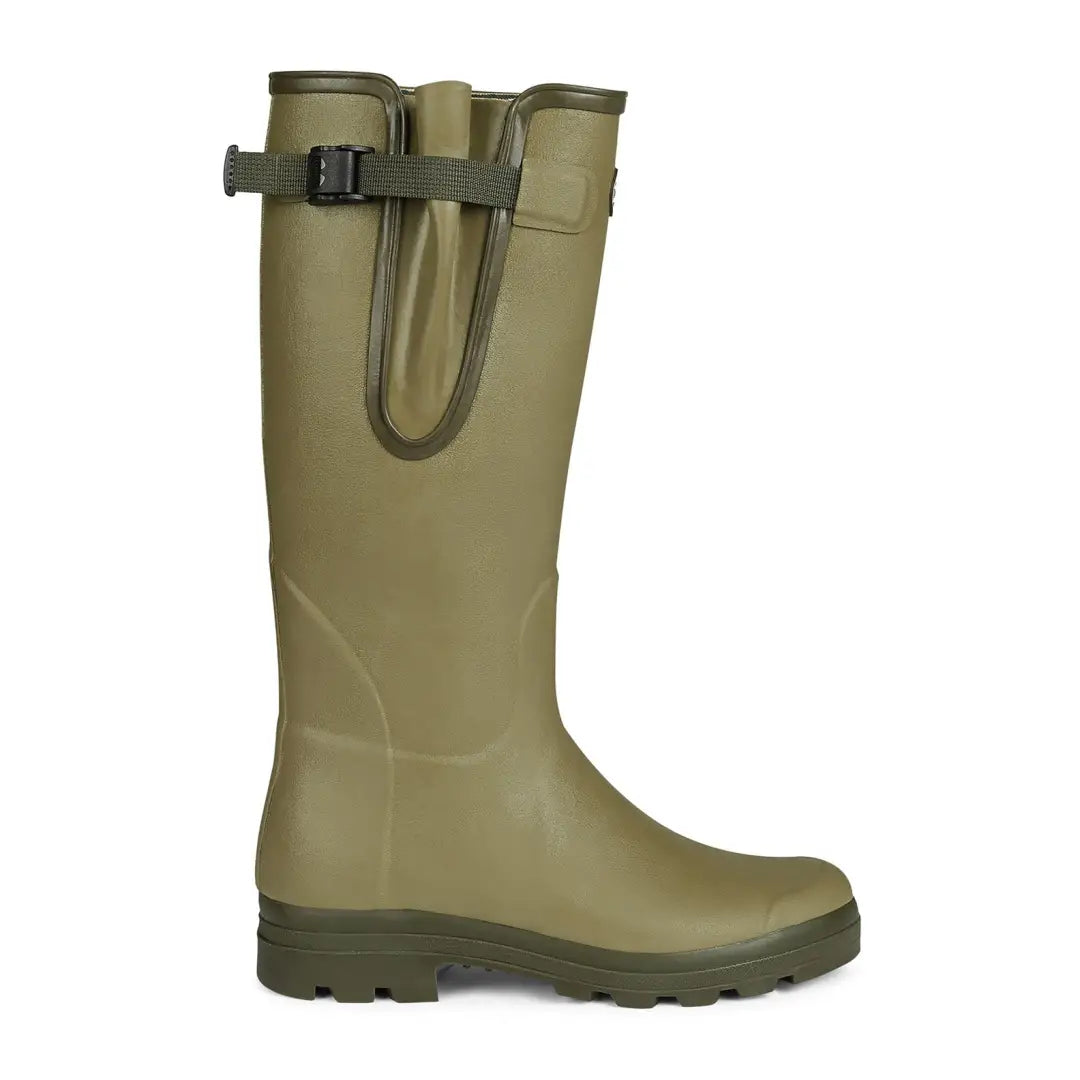 Olive green rubber rain boot with adjustable strap from Le Chameau Men’s Vierzon Wellington