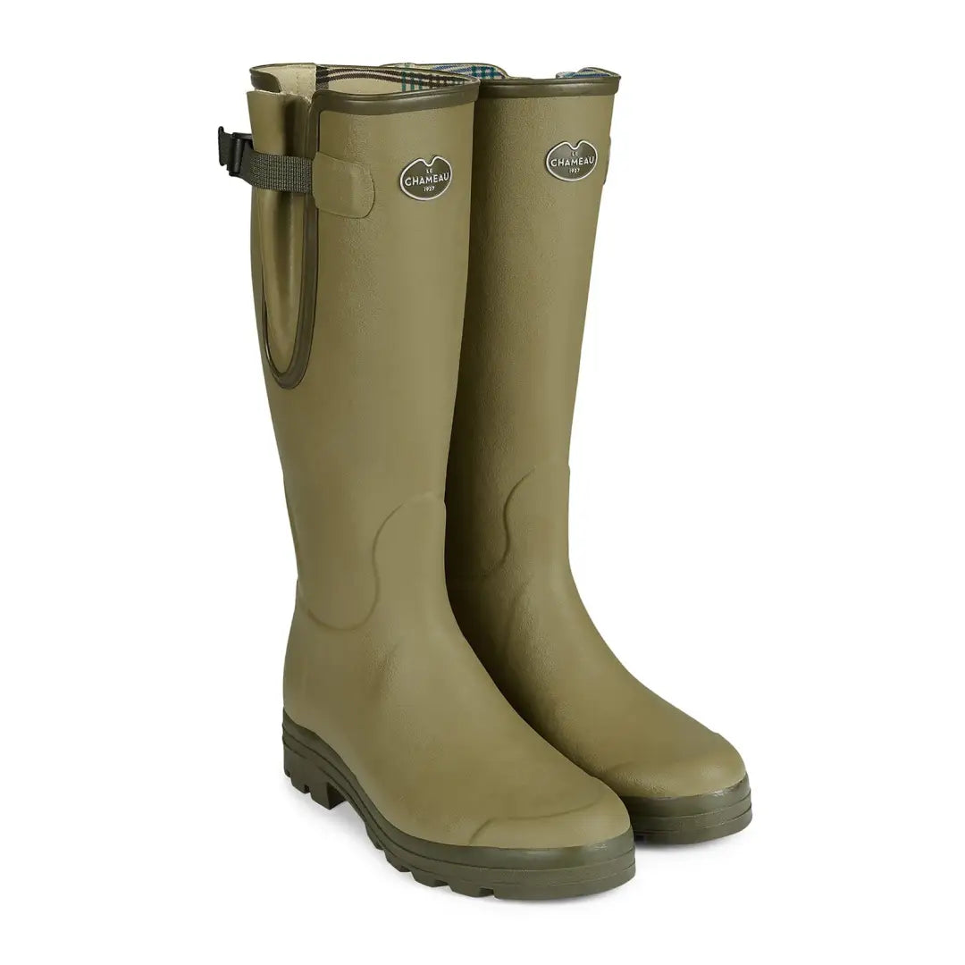 Tall olive green rubber Wellington Boots with adjustable straps from Chameau Men’s Vierzon