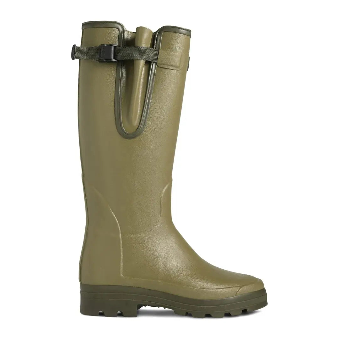 Olive green rubber rain boot with adjustable strap, perfect for Chameau Vierzonord Wellington