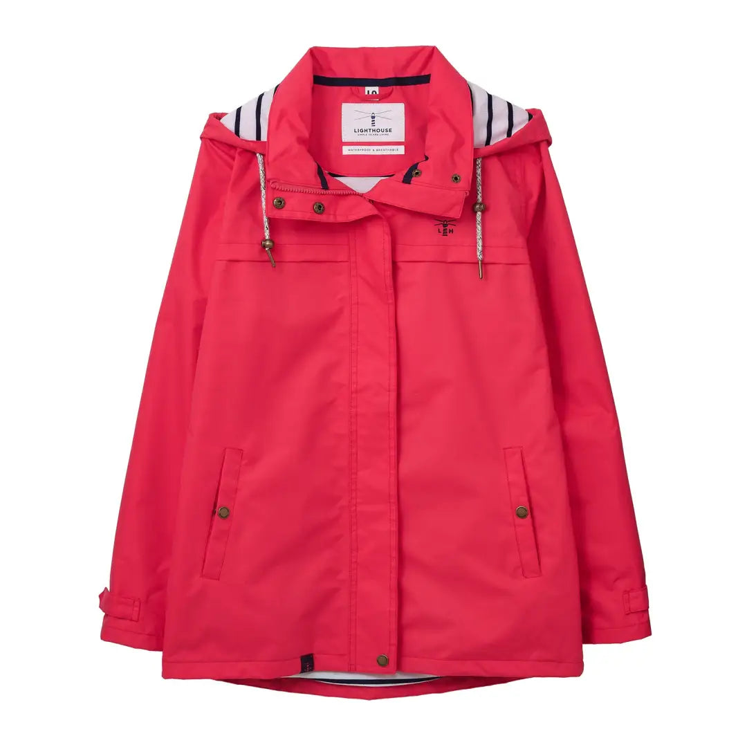 Bright red Lighthouse Beachcomber Ladies Waterproof Jacket with striped hood lining