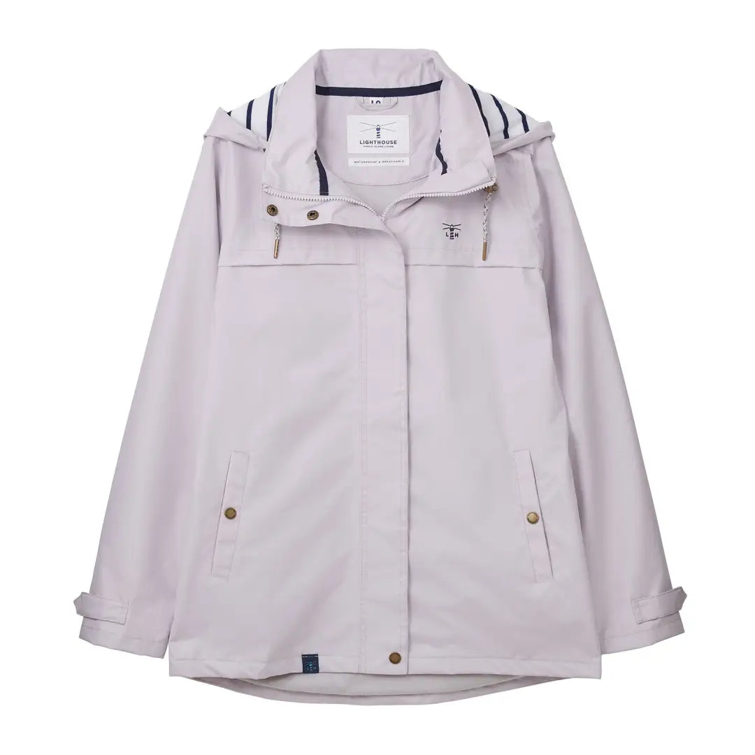 Light pink Lighthouse Beachcomber Ladies Waterproof Jacket with navy trim and gold hardware