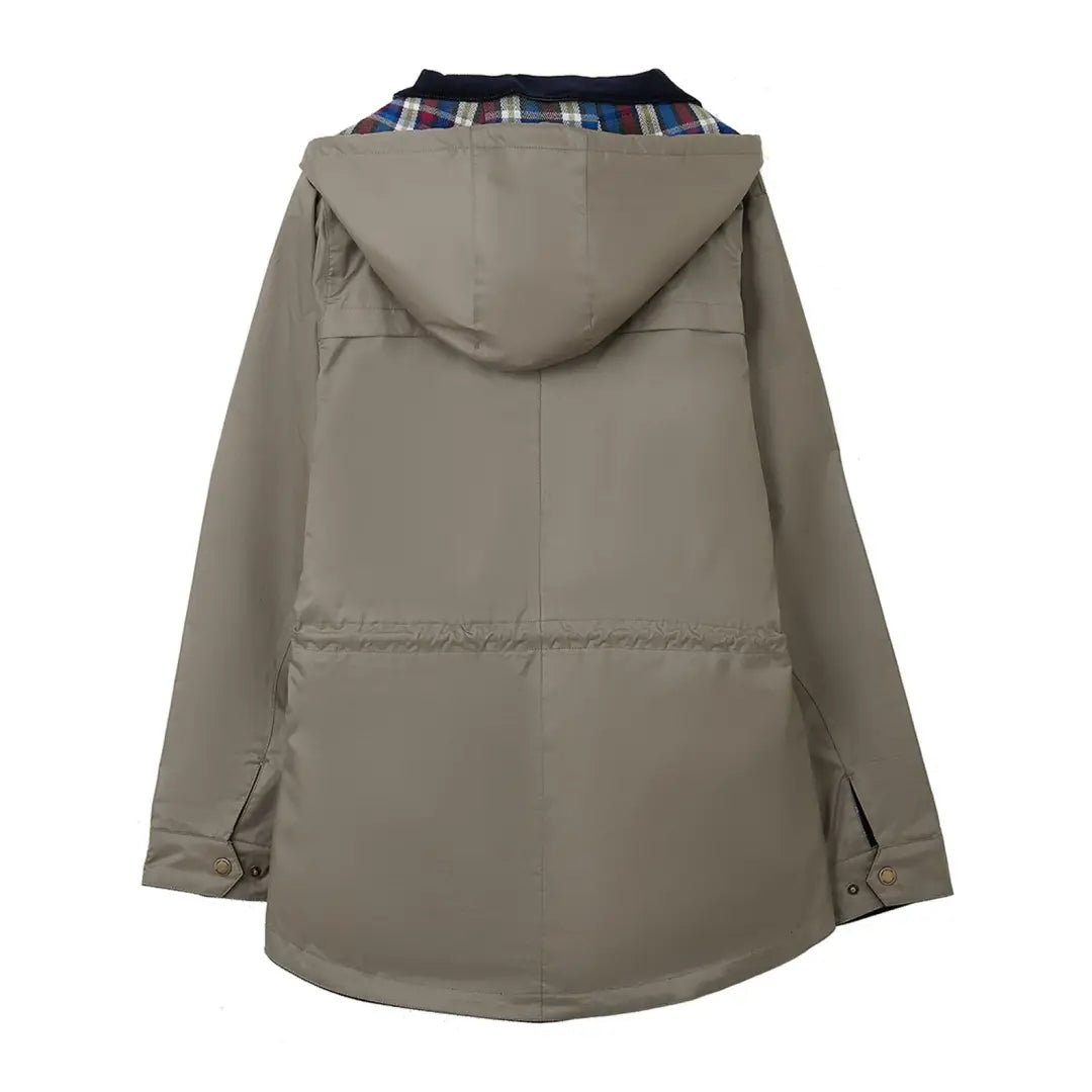 Hooded khaki Lighthouse Kendal Raincoat with plaid-lined collar, perfect classic country jacket